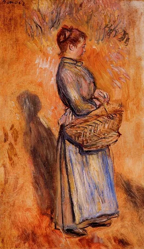 A peasant woman in profile carries a woven basket, wearing a blue and white striped apron, against a warm orange background.