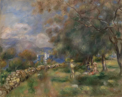 Figures gather beneath a large tree beside a stone wall, overlooking a distant white town on a blue bay.
