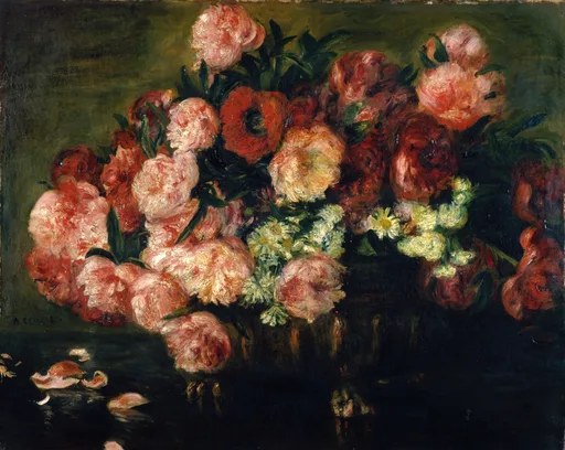 A lush bouquet of pink and red peonies with white daisies fills a vase against a dark olive-green background.