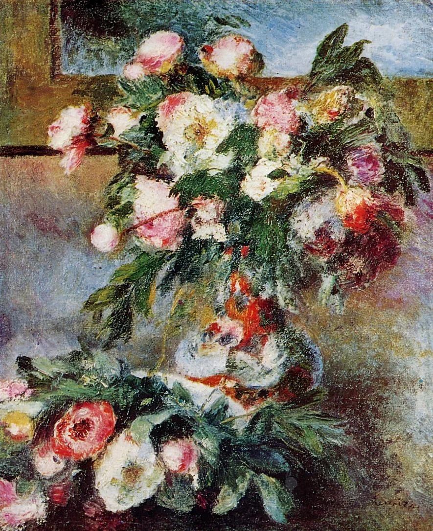 A lush bouquet of pink and white peonies overflowing a vase onto a tabletop, in soft pink, cream, and deep green.