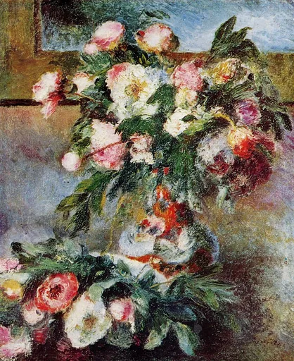 A lush bouquet of pink and white peonies overflowing a vase onto a tabletop, in soft pink, cream, and deep green.