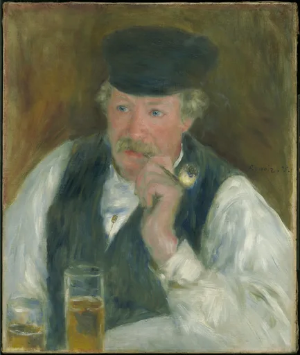 A moustached man in a dark cap and vest smokes a pipe at a table with two glasses of drink, painted in warm browns against a shadowy backdrop.