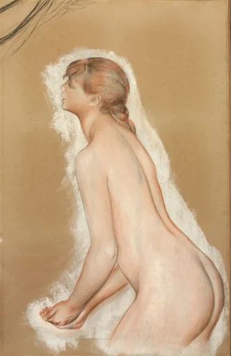 A pastel study shows a nude woman crouching in profile with heightened white highlights, red hair pinned up, on tan paper.