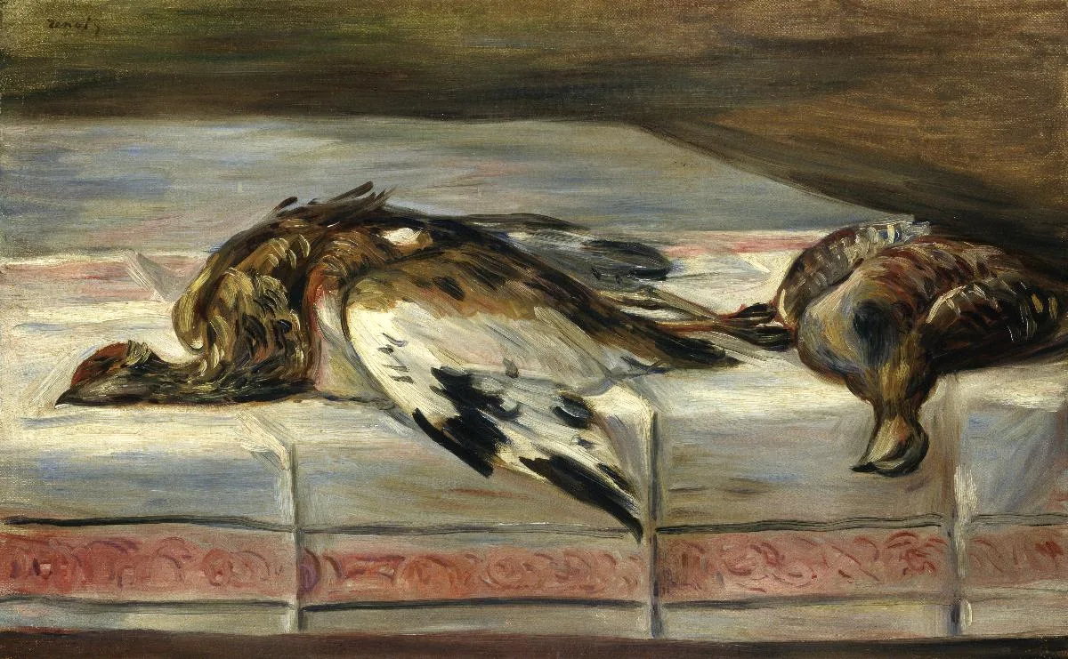 Two dead game birds with brown, black and white plumage lie on a patterned tiled ledge.