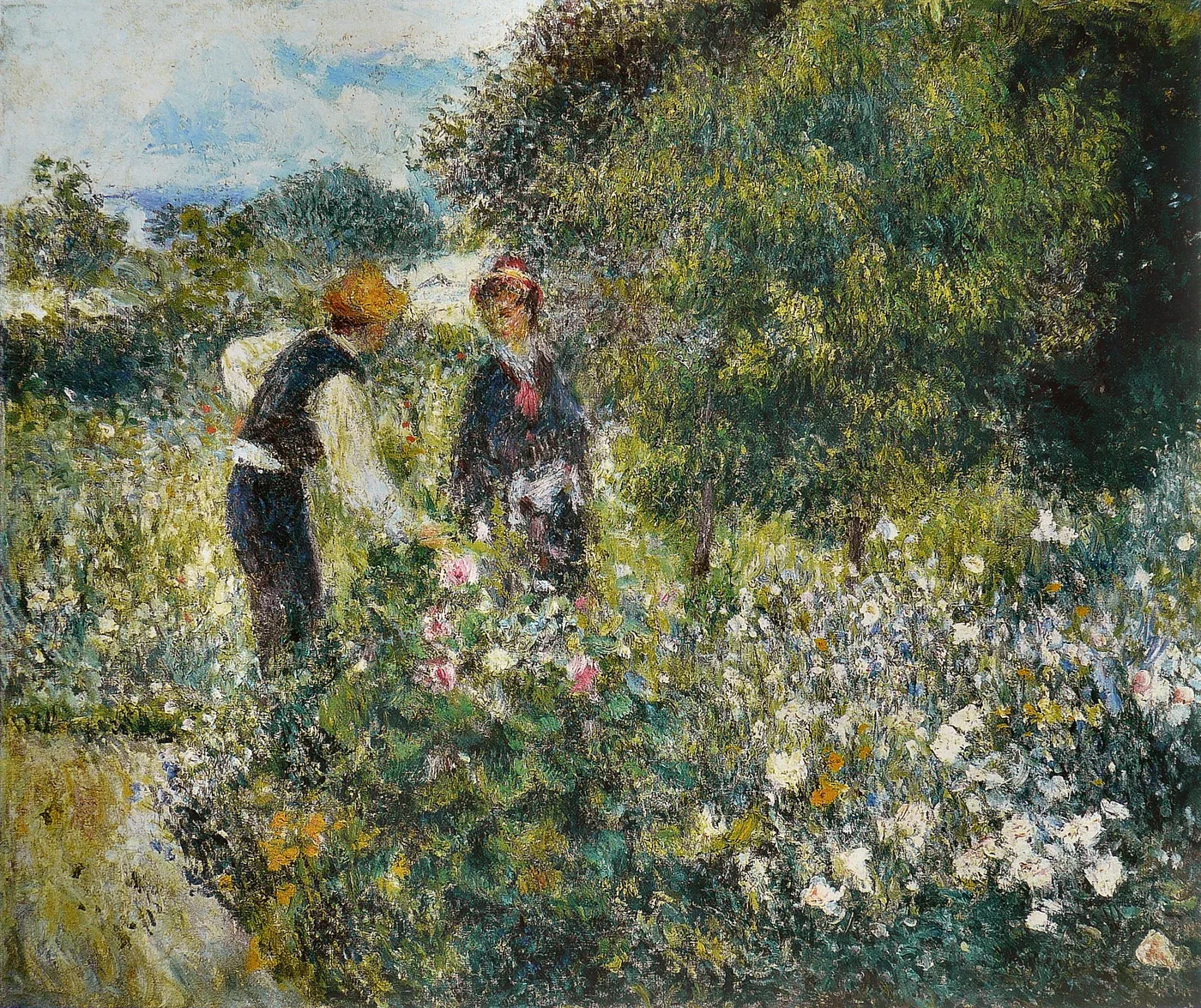 Two women bend picking flowers in a garden of white and pink blooms amid dense green shrubs.