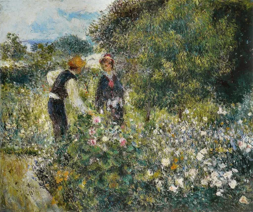 Two women bend picking flowers in a garden of white and pink blooms amid dense green shrubs.