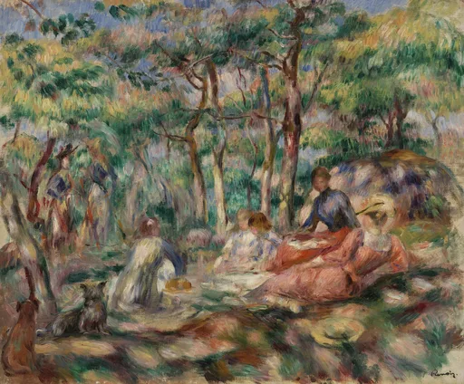 A group picnics beneath trees, a woman in a coral-pink dress seated among others in white and blue, a dog nearby.