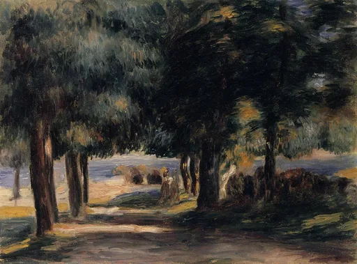A grove of tall pines lining a shaded path with small figures strolling beneath, a pale coastline glimpsed beyond, in deep green and warm ochre tones.