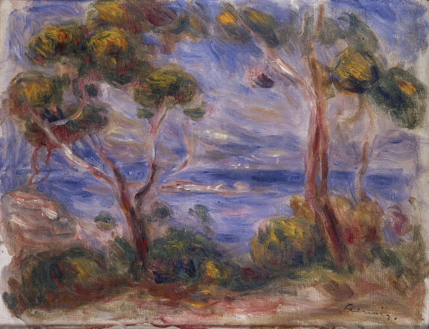 Two umbrella pine trees frame a view of the sea near Cagnes, painted in loose strokes of violet blue, green and gold