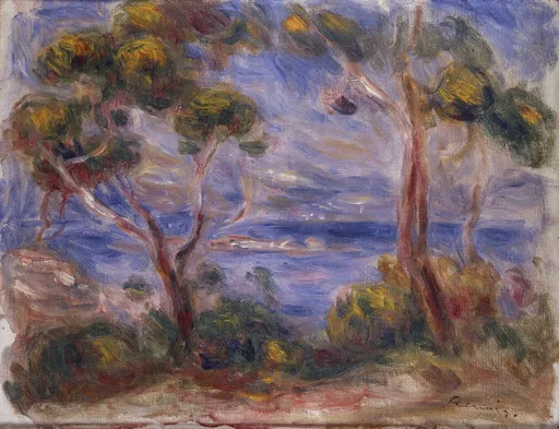 Two umbrella pine trees frame a view of the sea near Cagnes, painted in loose strokes of violet blue, green and gold