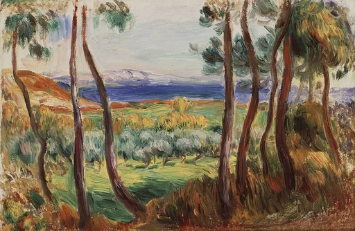 Slender pine trunks frame a view over green-gold fields toward a deep blue sea and distant mountains.