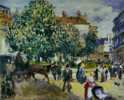 A horse-drawn carriage and strolling pedestrians on a tree-lined city square under flowering chestnuts, in green, blue, and cream tones