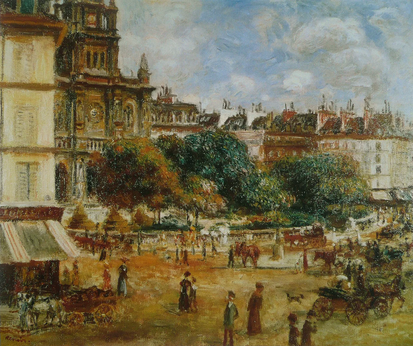 A bustling city square with pedestrians and horse-drawn carriages beneath tall trees and a church facade, in warm ochre, green, and pale blue