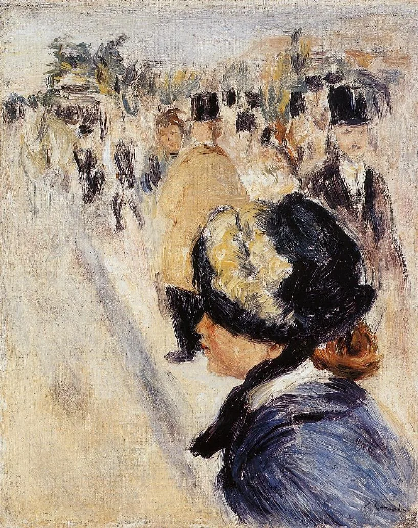 A woman in a black hat is seen in profile before a crowd of pedestrians in top hats on a pale city street.