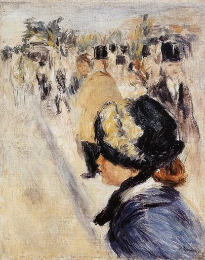 A woman in a black hat is seen in profile before a crowd of pedestrians in top hats on a pale city street.