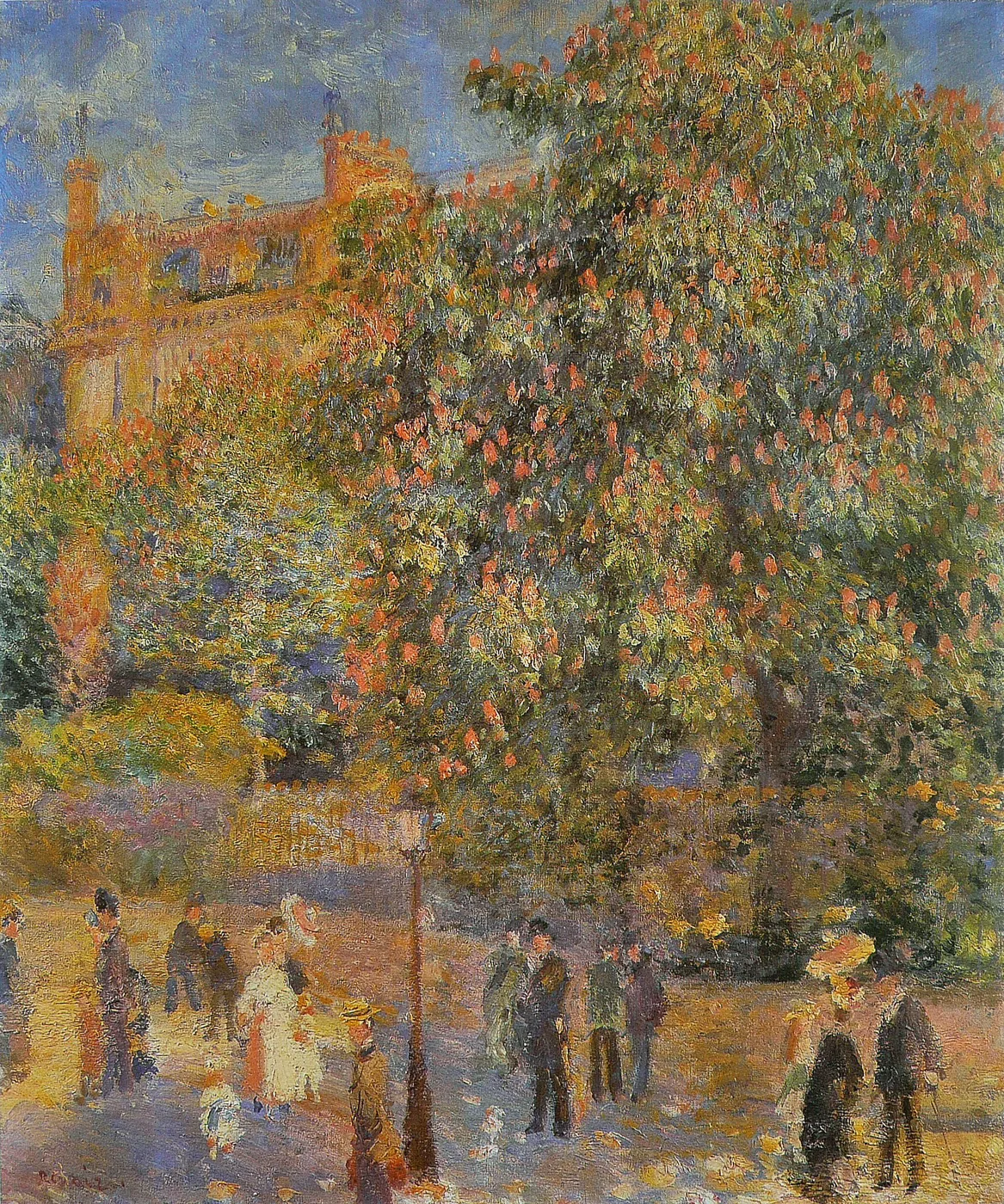A large flowering chestnut tree shades a Parisian square, small figures strolling before a red brick building.