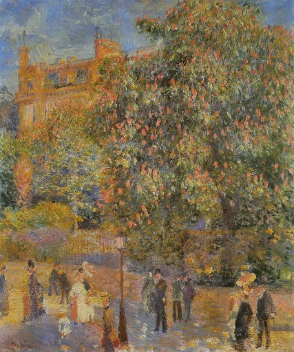 A large flowering chestnut tree shades a Parisian square, small figures strolling before a red brick building.