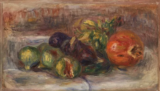A still life of green figs and a split red pomegranate on a white cloth, in earthy red, green, and cream tones