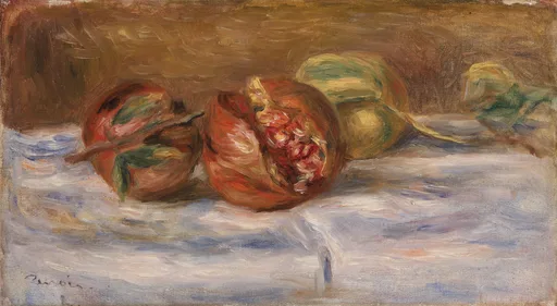 Two red pomegranates, one split open, beside a green fruit on a white cloth, in warm red, ochre, and pale blue