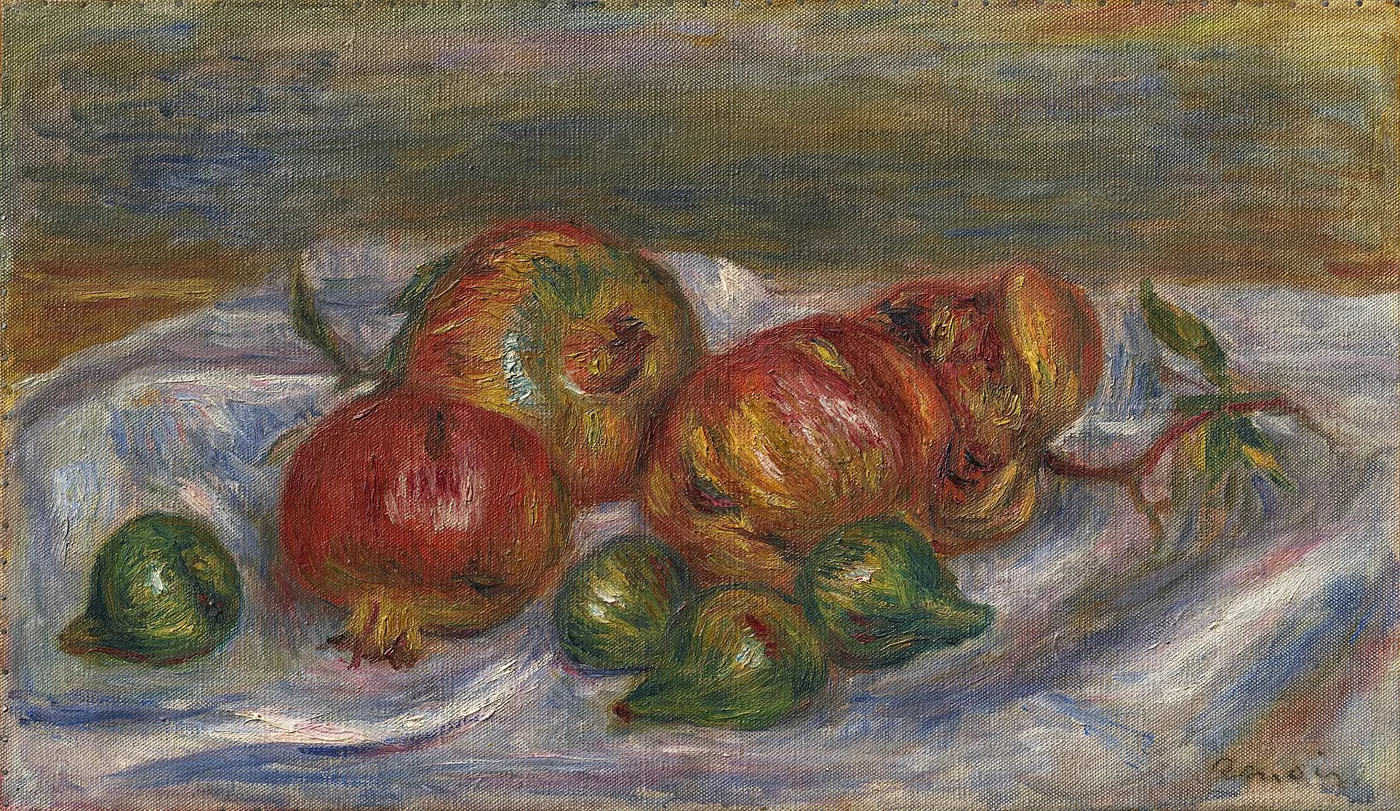 A cluster of red pomegranates and green figs on a white cloth against a muted olive backdrop, in deep red, green, and cream