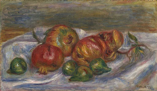 A cluster of red pomegranates and green figs on a white cloth against a muted olive backdrop, in deep red, green, and cream