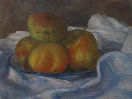 Apples and a pear are heaped on a plate atop a rumpled white and blue cloth, painted in warm ochre, red and blue