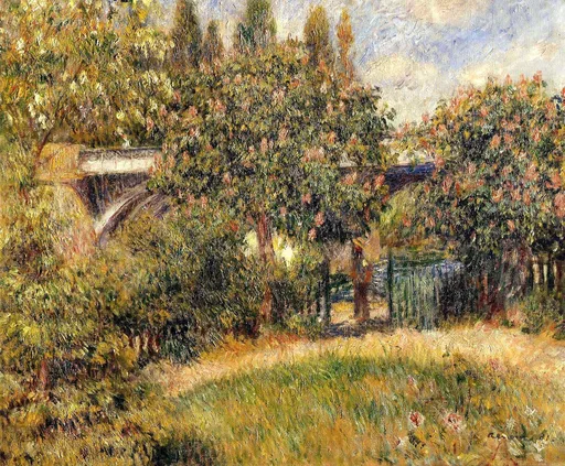 A railway bridge glimpsed through flowering chestnut trees and a sunlit meadow, painted in golden yellow, green, and touches of pink blossom.