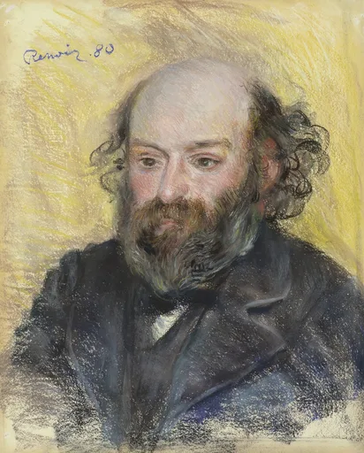 A balding, bearded man in a dark coat against a warm yellow background, rendered in soft chalky ochre, grey, and brown