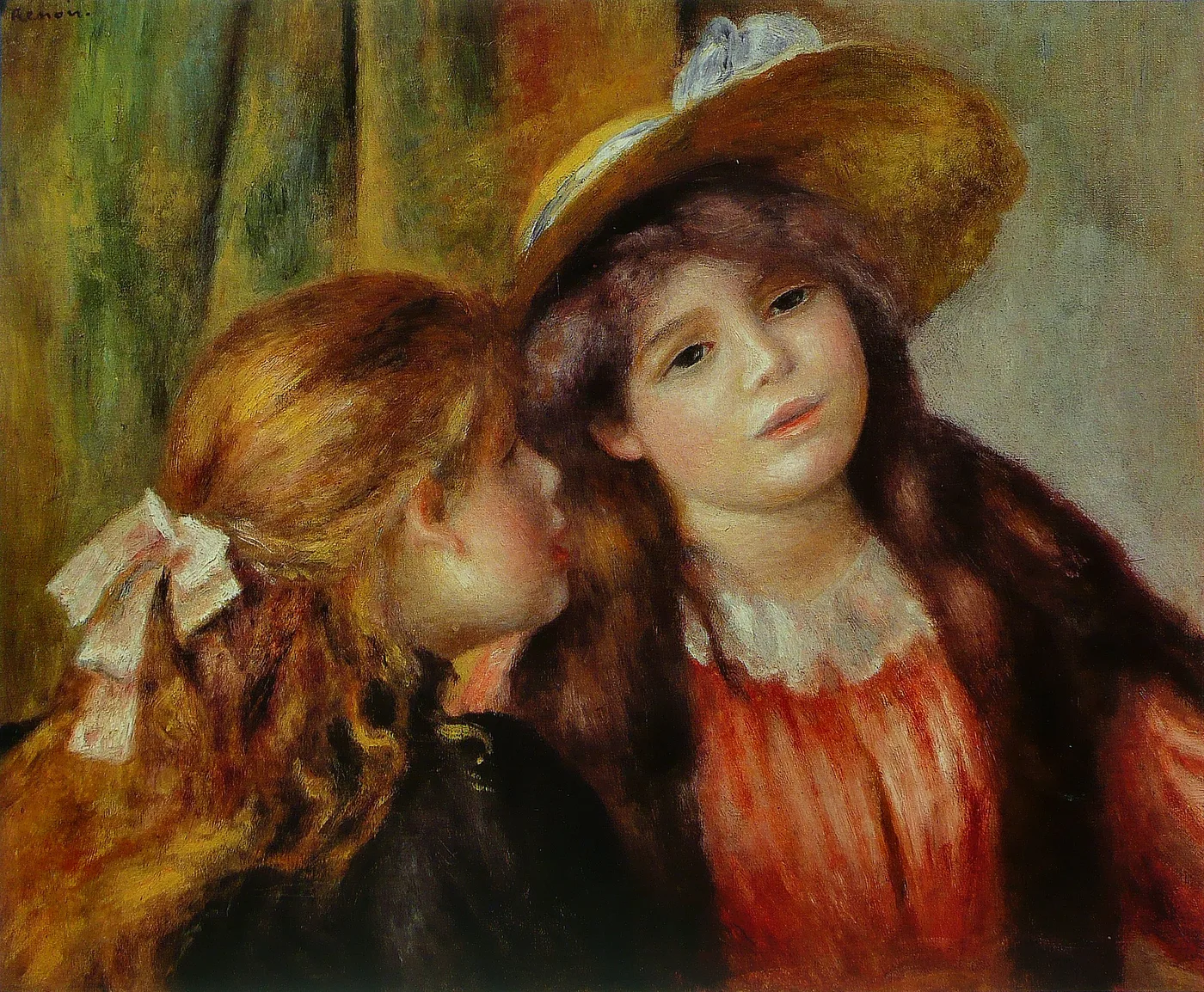 Two young girls lean close together, one in a straw hat with a white bow and one with a bow in her loose auburn hair, in warm red and gold tones