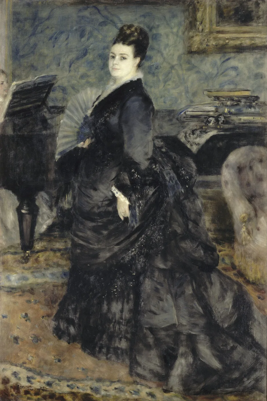 A woman in a full black lace dress stands holding a fan in an elegant parlor with blue floral wallpaper, in black, dusty blue, and pale skin tones.