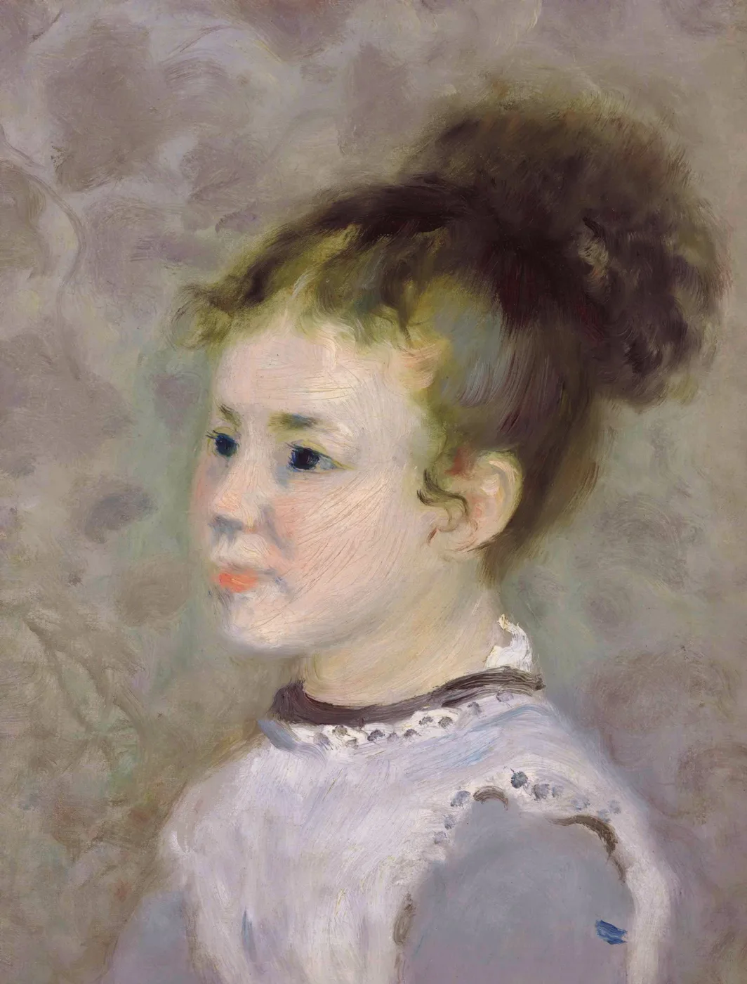 A young girl in profile with dark hair pinned up and a lace-trimmed white collar, against a mottled grey backdrop, in soft muted tones