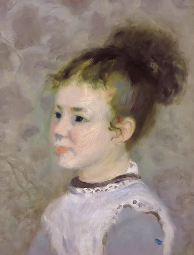 A young girl in profile with dark hair pinned up and a lace-trimmed white collar, against a mottled grey backdrop, in soft muted tones