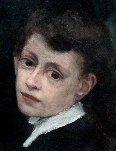 A close portrait of a young man's pale face and dark hair against a near-black background, wearing a white collar, in flesh tones and deep black.