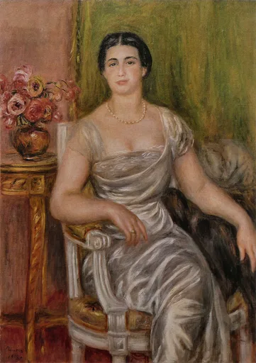 A seated woman in a pearl necklace and pale silk gown rests her arm beside a vase of pink roses, against a green backdrop, in gold and pink tones.