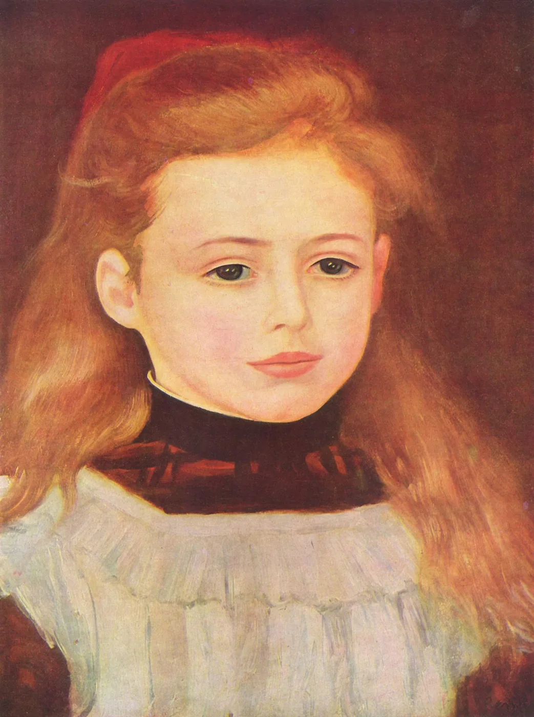 A young girl with long auburn hair and a white ruffled blouse looks out against a dark reddish-brown background, in warm russet and cream tones.