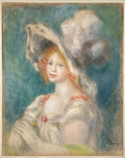 A red-haired woman in a wide white plumed hat and off-shoulder dress with pink ribbons, against a deep teal background, in soft pastel tones