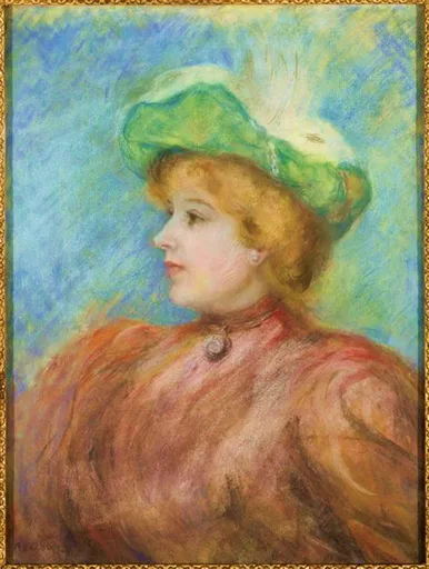A woman in profile wears a wide green hat trimmed with white plumes and a pink dress, against a mottled blue-green background, in green and pink tones.
