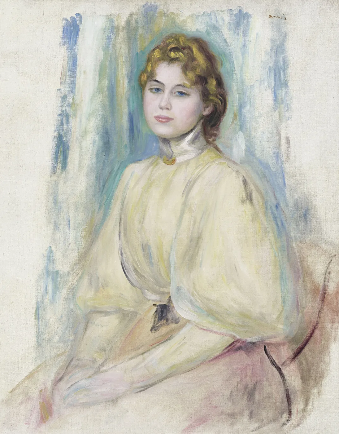 An unfinished portrait of a young woman with curly auburn hair in a pale yellow blouse, seated against loose blue-green brushstrokes on bare canvas.