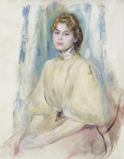 An unfinished portrait of a young woman with curly auburn hair in a pale yellow blouse, seated against loose blue-green brushstrokes on bare canvas.