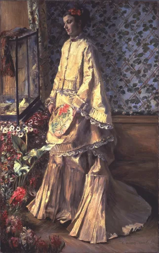 A woman in a long gold dress stands beside a birdcage and red flowers holding a painted fan, against blue trellis wallpaper, in gold, red, and blue.
