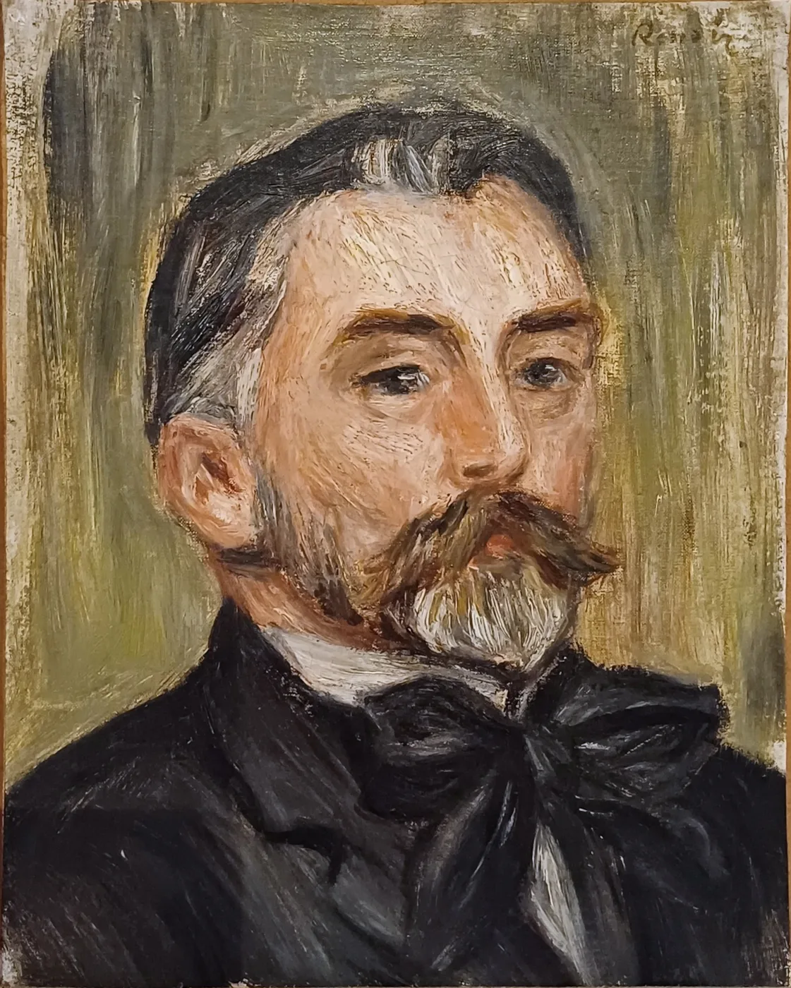 A portrait of a balding man with a gray goatee and large black bow tie against a mottled olive-green background, in flesh tones, black, and green.