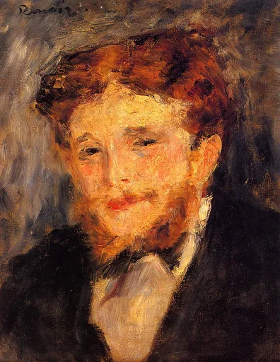 A close portrait of a bearded man with reddish hair in a dark coat and white collar, in warm amber, rust, and deep brown