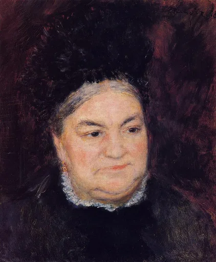 An elderly woman with grey hair, wearing a dark bonnet and a black dress with a white lace collar, against a dark reddish-brown background.
