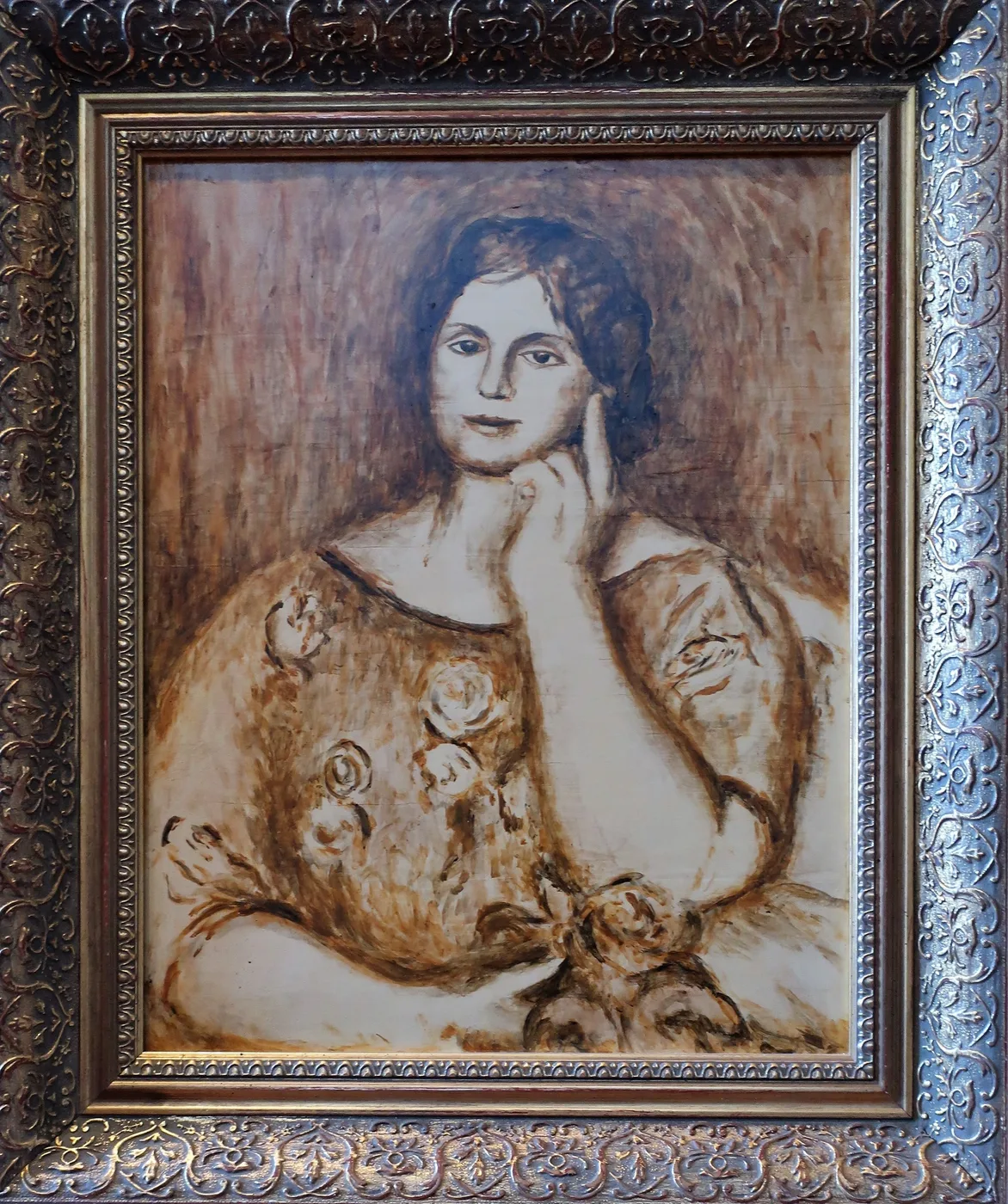A monochrome portrait of a woman resting her chin on her hand, wearing a floral dress, in warm sepia and brown tones