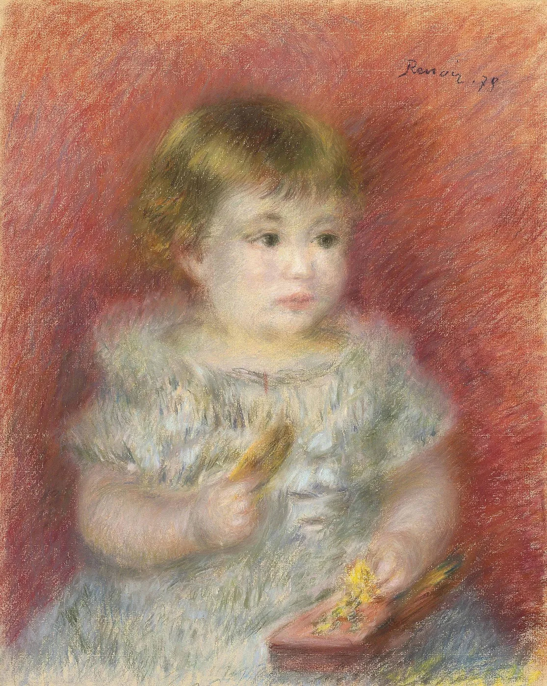 A toddler in a pale smock holds a small brush and a paint box, against a warm red background, in soft red, cream, and pale blue tones