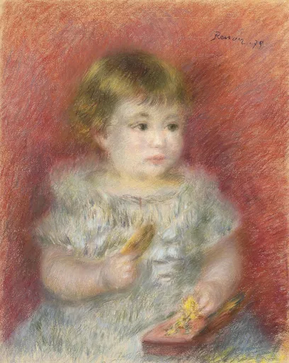 A toddler in a pale smock holds a small brush and a paint box, against a warm red background, in soft red, cream, and pale blue tones