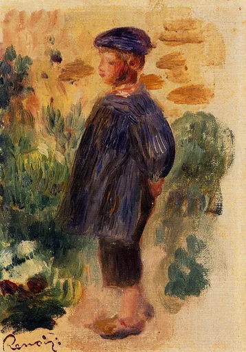 A small boy in a blue beret and smock standing in a garden path, in deep blue, ochre, and green tones