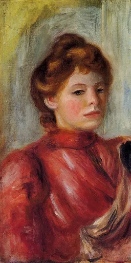 A woman with upswept auburn hair wears a high-collared deep red blouse, against a pale grey and gold background, in warm red, auburn, and grey tones