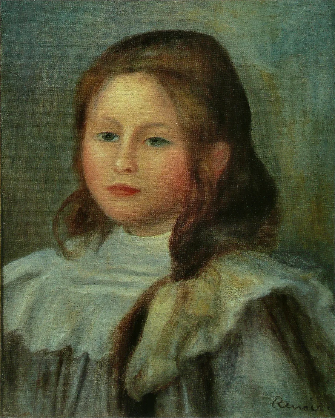 A young girl with auburn hair and rosy cheeks in a white ruffled collar, in soft green, cream, and warm flesh tones