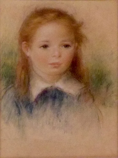Pastel portrait of a young girl with loose auburn hair and a white collar, gazing forward against a soft green backdrop.